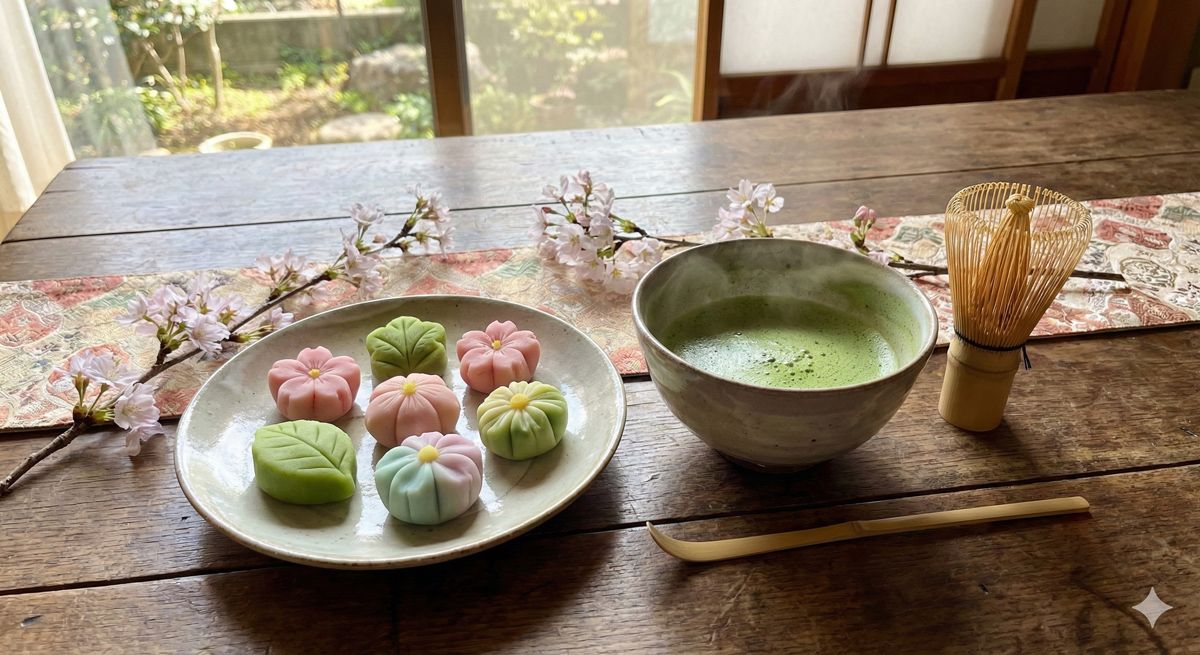 美しい季節の彩りを添えた手作りの和菓子と、点てられたばかりの緑鮮やかな抹茶が並んだテーブル