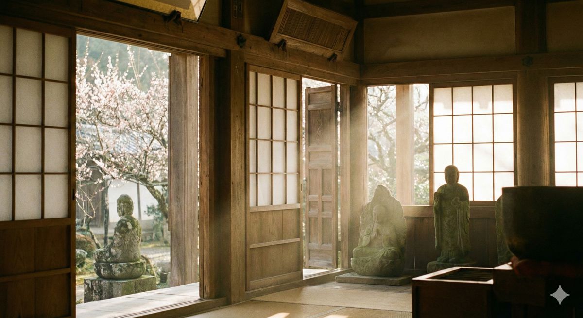 静寂に包まれた歴史あるお寺の本堂で、やわらかな春の光が差し込む幻想的な風景