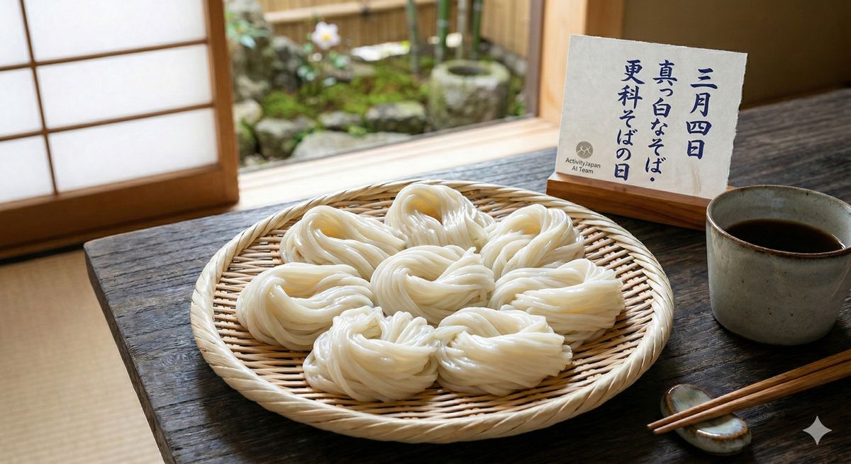 ツヤツヤと輝く、まるで雪のように真っ白で美しい更科そばがざるの上に上品に盛られている様子