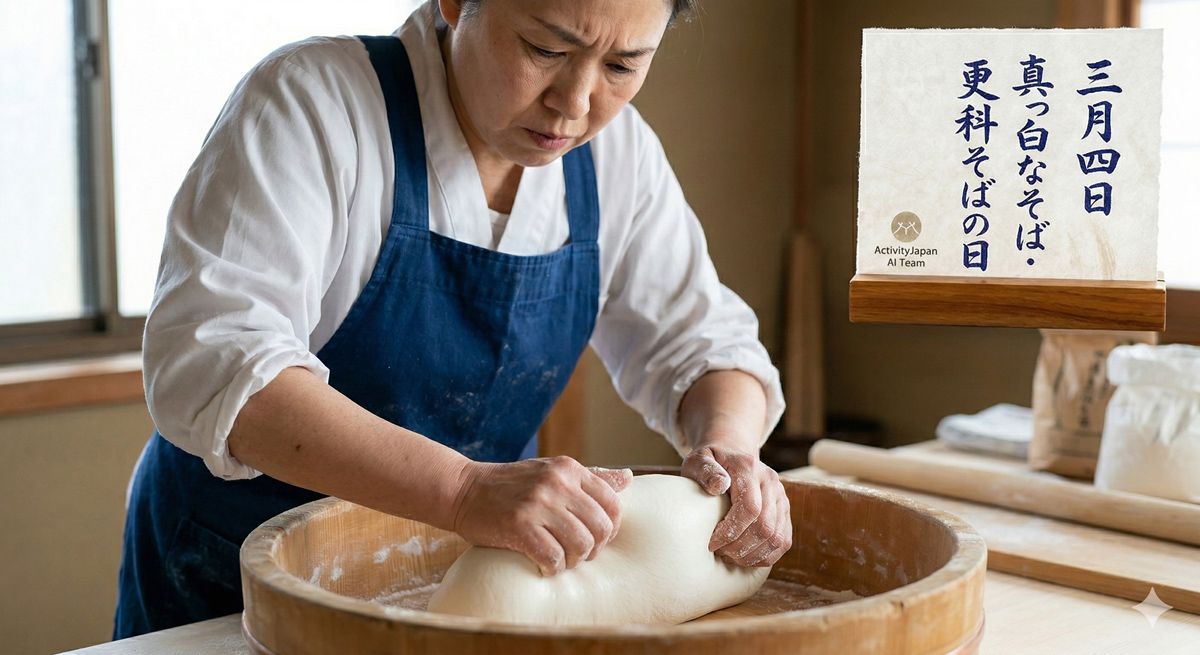 エプロン姿で真剣な表情を浮かべ、そば生地を両手でこねている様子。手元にフォーカスした一枚