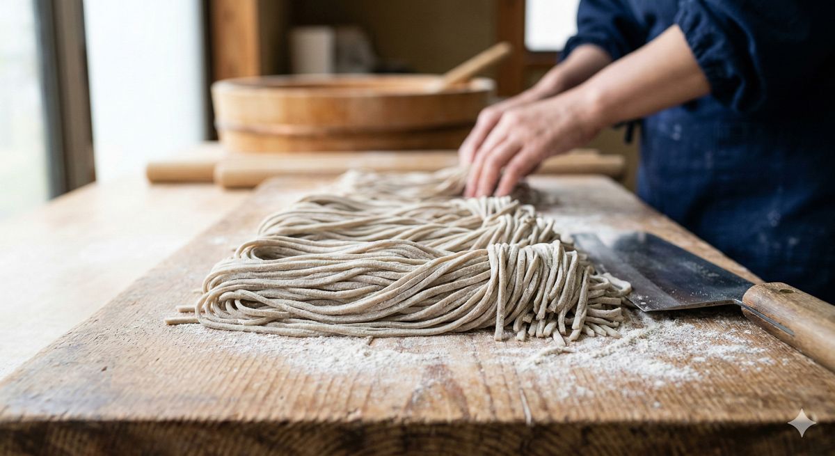 自分で太さを揃えてトントンと切った、手作り感あふれる美味しそうな生そばのアップ写真