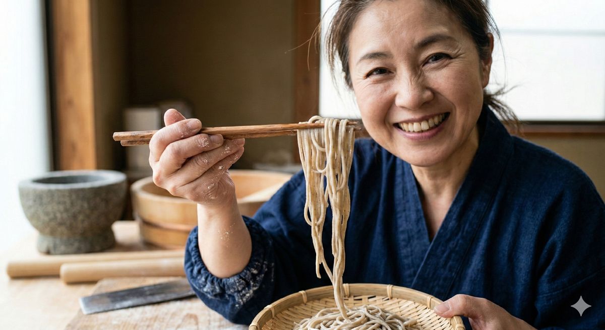 自分で打ったお蕎麦を箸で持ち上げ、カメラに向かって満面の笑みを浮かべている女性の姿
