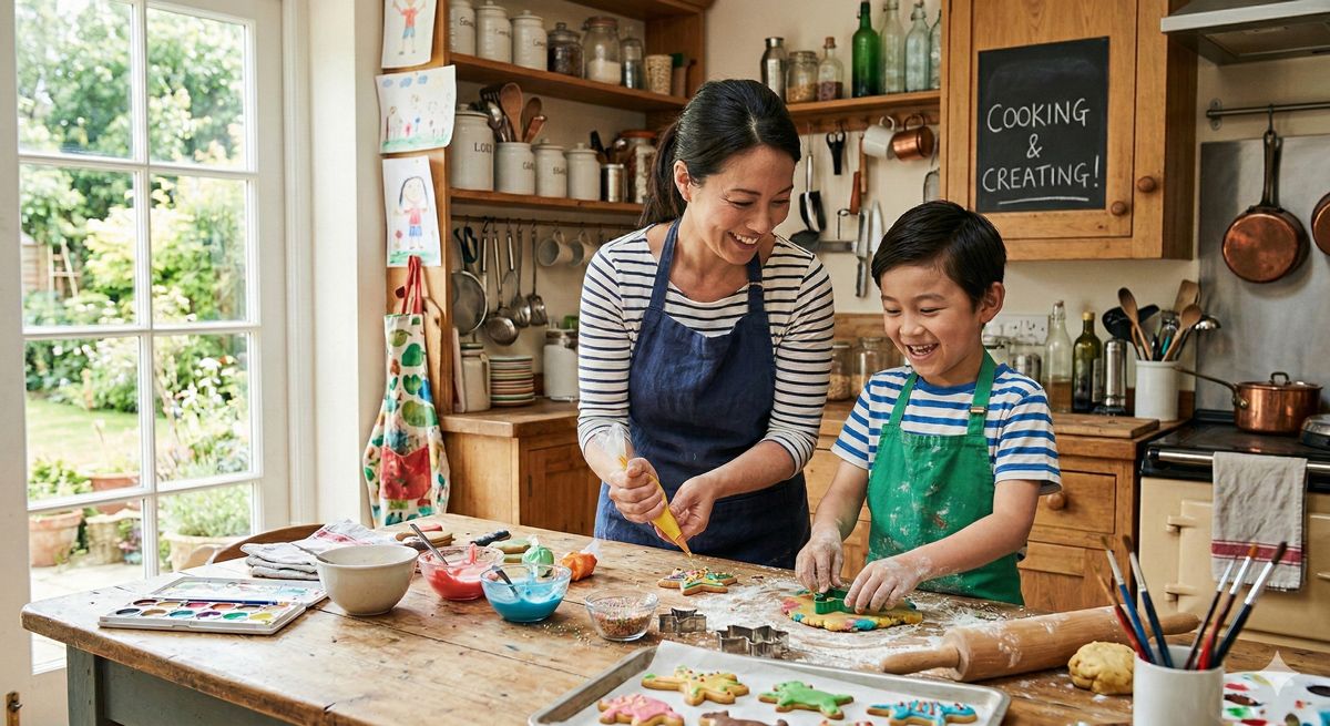 自宅のキッチンや工房でワクワクしながら料理や創作活動に打ち込む親子の笑顔