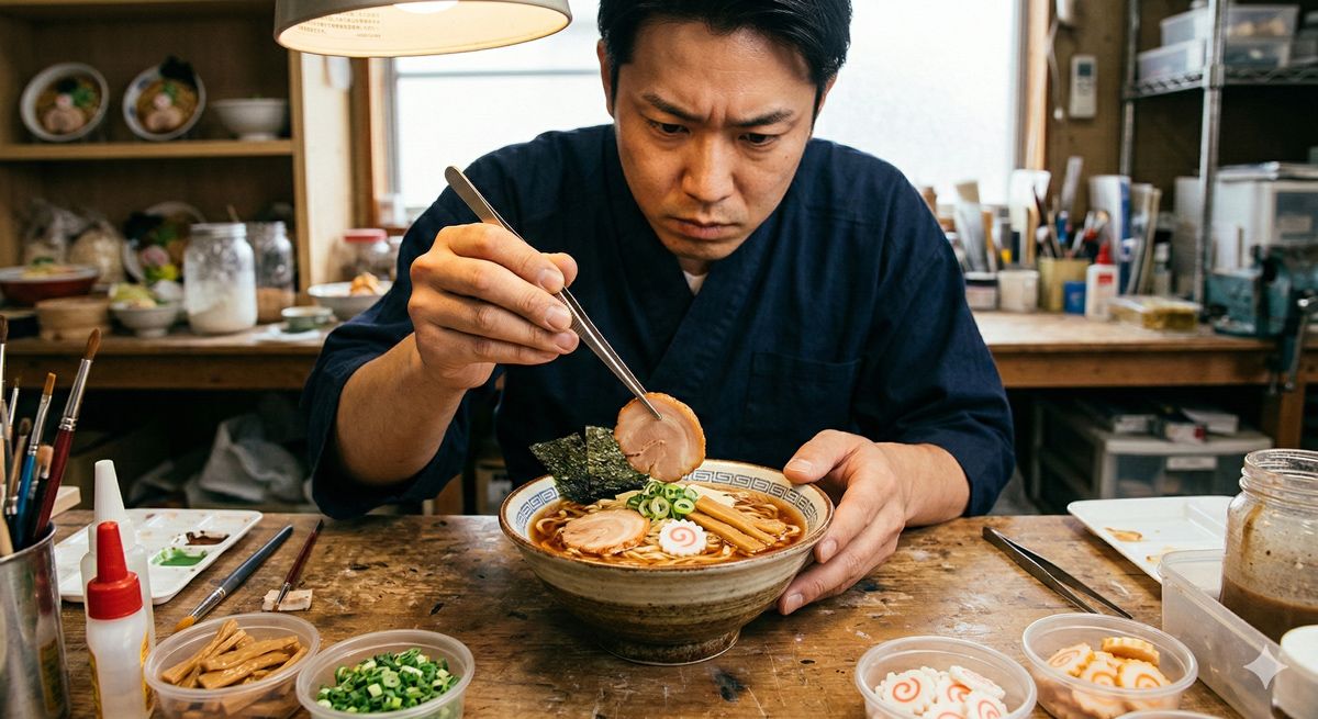 ピンセットを使ってラーメンの食品サンプルに具材をトッピングしている真剣な表情の手元