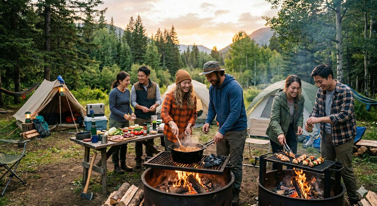 自然豊かなキャンプ場でダッチオーブンや焚き火を使って楽しそうに料理をするグループ