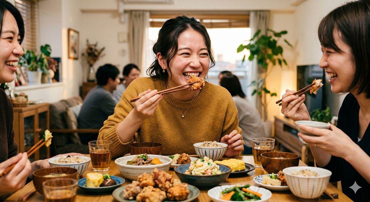 手作りした料理を友人と一緒に頬張りながら、満足げで最高に弾ける笑顔を見せる女性