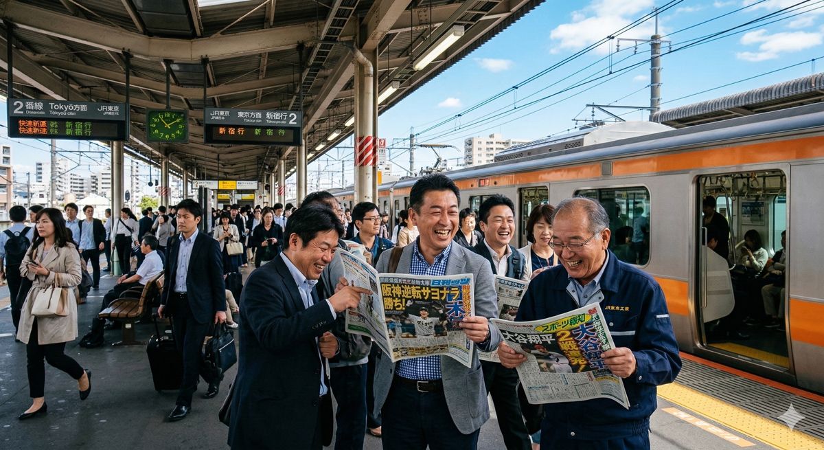 青空の下、駅のホームでスポーツ新聞を広げて笑顔で読んでいる活気あふれる人々の様子