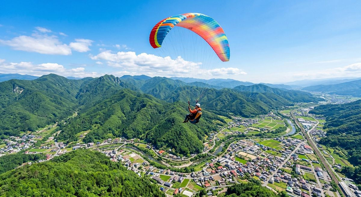 色鮮やかなパラグライダーで大空を舞い、眼下に美しい緑の山々と街並みが広がる爽快な景色