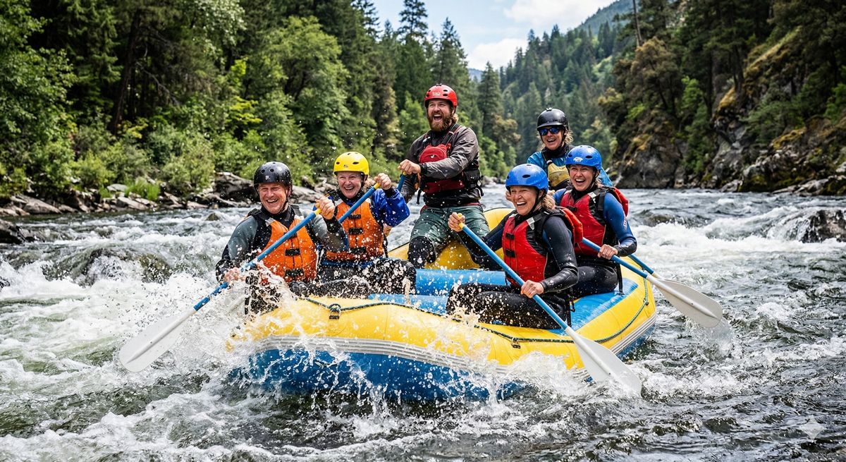 ヘルメットとライフジャケットを着たグループが、ゴムボートで水しぶきを上げながら笑顔で急流を下る様子