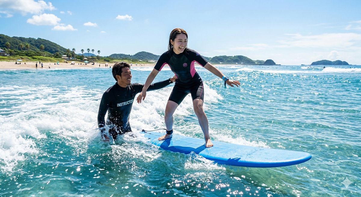 キラキラと輝く青い海で、初心者サーファーがインストラクターの指導のもとボードに立ち上がる瞬間