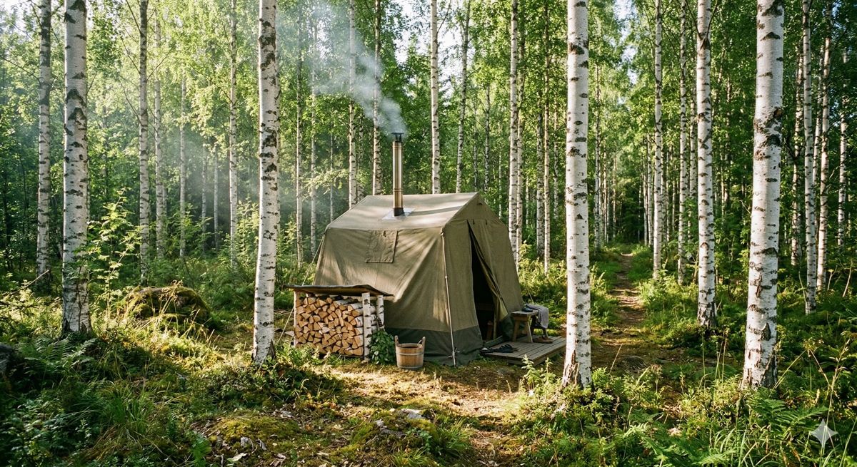 森の中に設置された煙突付きのテントサウナ。白樺の木々に囲まれ、自然の光が差し込む美しい情景