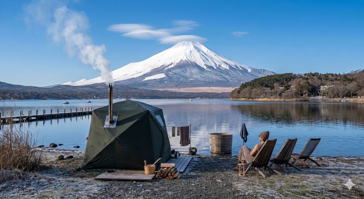 山中湖の湖畔に設置されたテントサウナ。背景には雪化粧をした雄大な富士山がくっきりと見えている情景