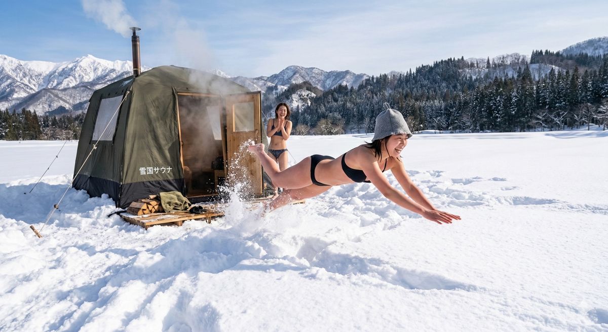 真っ白な雪原に建つテントサウナから水着姿で飛び出し、フカフカの新雪にダイブして楽しんでいる様子