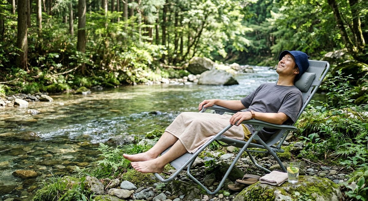 清流のそばに置かれたインフィニティチェアに深く腰掛け、目を閉じて至福の表情で外気浴をしている人物