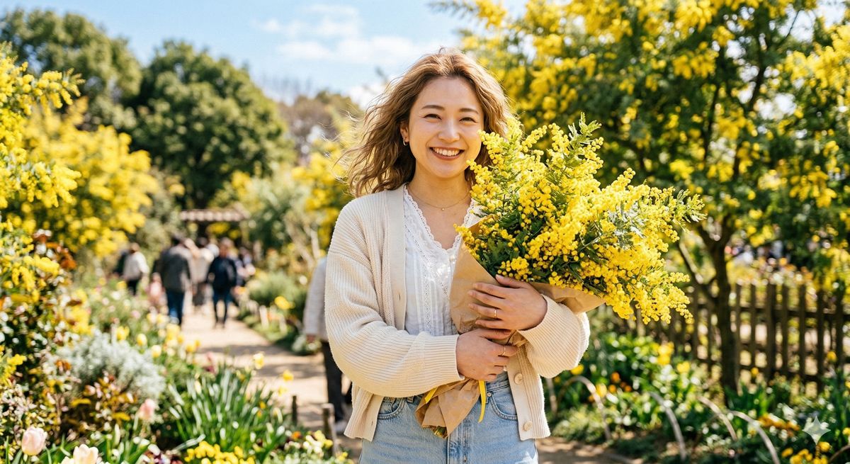 明るい春の陽射しの中、鮮やかに咲き誇る黄色いミモザの花束を抱えて微笑む女性