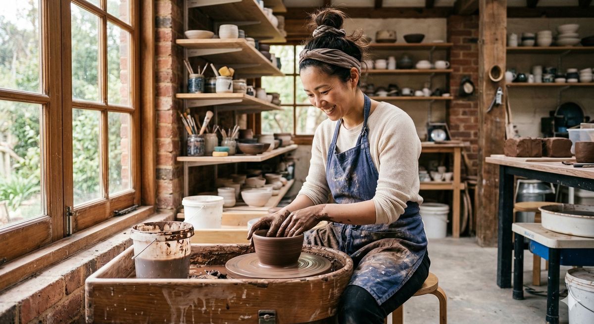 エプロン姿の女性が、柔らかな光が差し込む工房で土の感触を楽しみながらろくろを回している様子