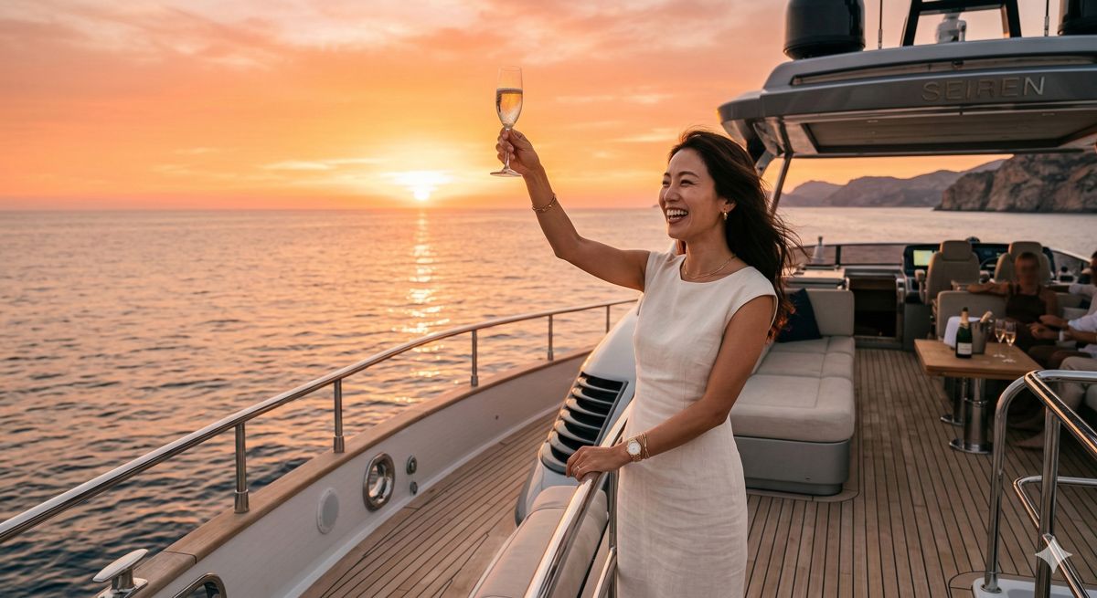 オレンジ色の美しい夕焼け空と穏やかな海を背景に、クルーザーのデッキでグラスを掲げて乾杯する女性