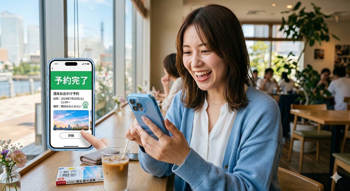 「予約完了」のスマホ画面を見つめながら、週末のお出かけへの期待でワクワクした笑顔を浮かべる女性