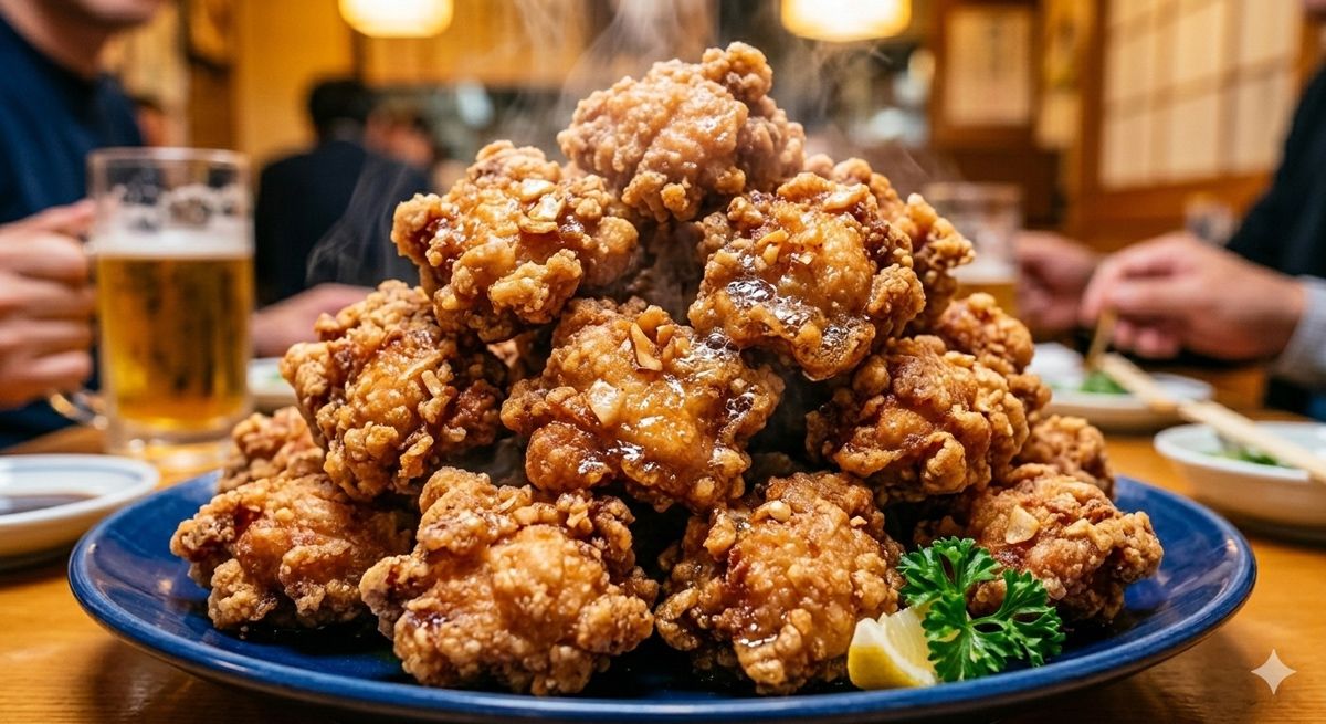 にんにく醤油の香りが漂ってきそうな、お皿に山盛りになった揚げたての松本山賊焼のアップ写真