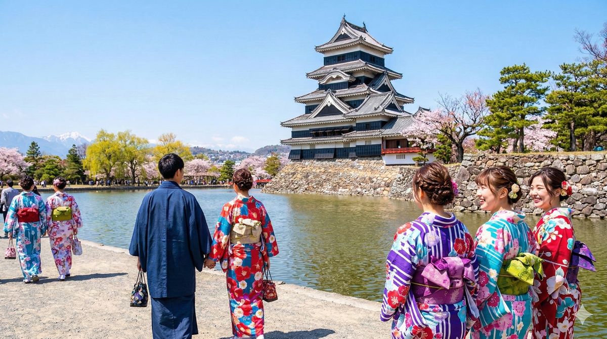 国宝松本城を背景に、色鮮やかな着物を着て笑顔で散策しているカップルや女性グループの後ろ姿