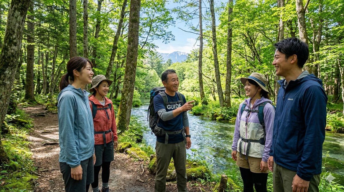 緑豊かな安曇野の森の中を、ガイドと一緒に清々しい表情で歩いているトレッキングツアーの様子