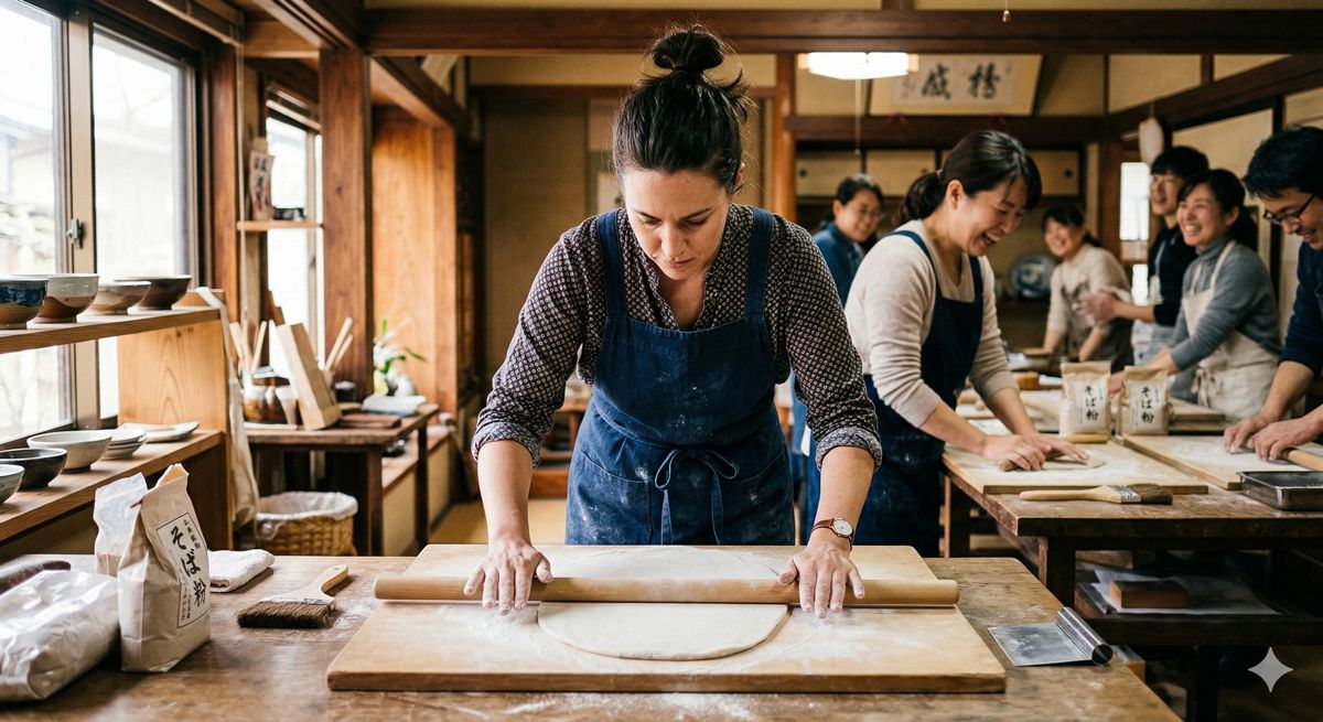 エプロン姿で真剣な表情でそば生地を麺棒で伸ばしている、そば打ち体験中の温かい雰囲気の写真
