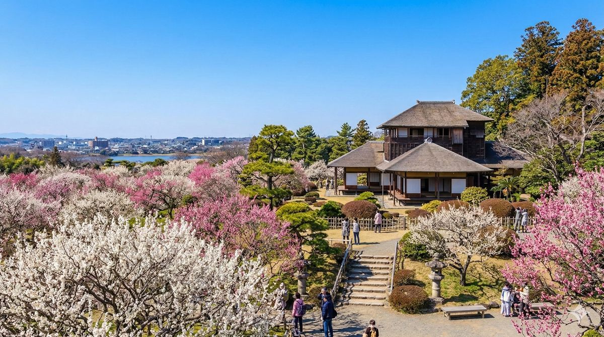 雲ひとつない青空の下、満開に咲き誇る白やピンクの梅の花と、奥に見える歴史ある好文亭の美しい風景