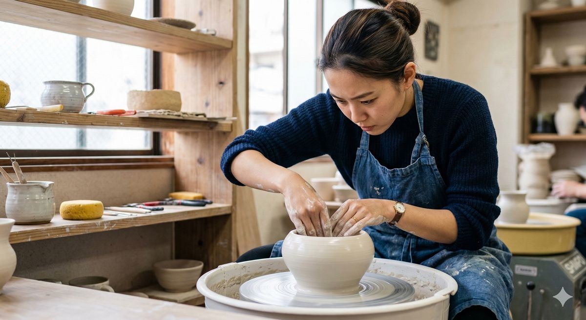 ろくろの上で滑らかな土に両手を添え、真剣な眼差しで自分だけのオリジナルの器の形を作っている様子