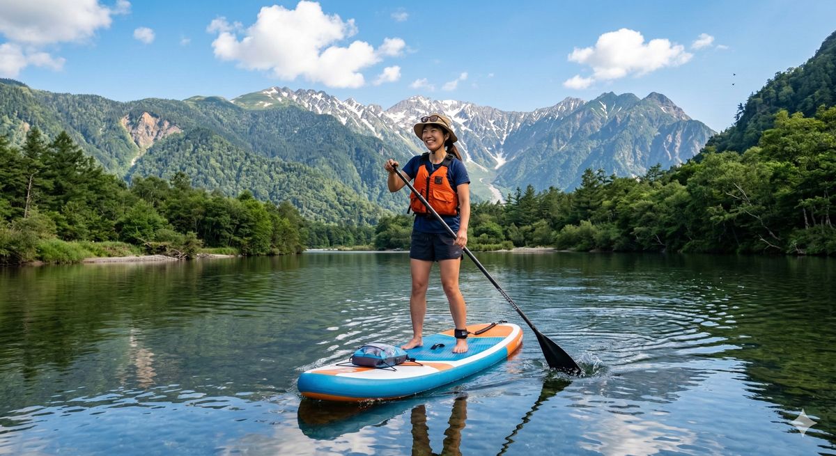 穏やかな川の水面でSUPボードの上に立ち、パドルを漕ぎながら大自然の景色を満喫している笑顔の女性