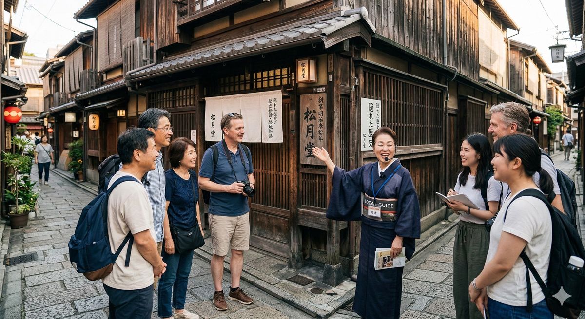 歴史を感じる古い建物の前で、地元のガイドさんが笑顔で観光客に街の隠れたストーリーを解説している風景