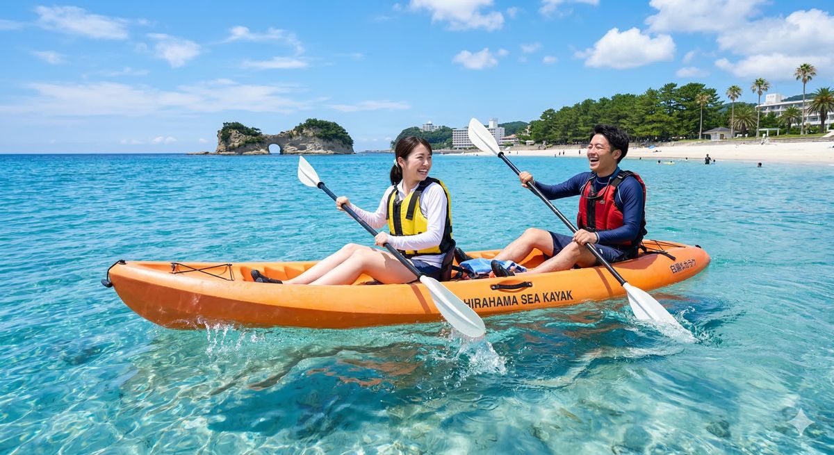 和歌山・白浜の透き通る青い海で、笑顔でシーカヤックを楽しむカップルの写真