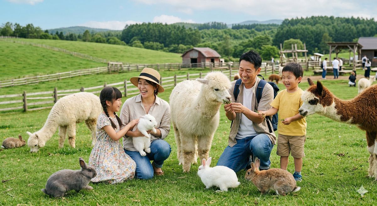緑豊かな牧場で、アルパカやウサギなどふわふわの動物たちと笑顔で触れ合う家族連れの写真