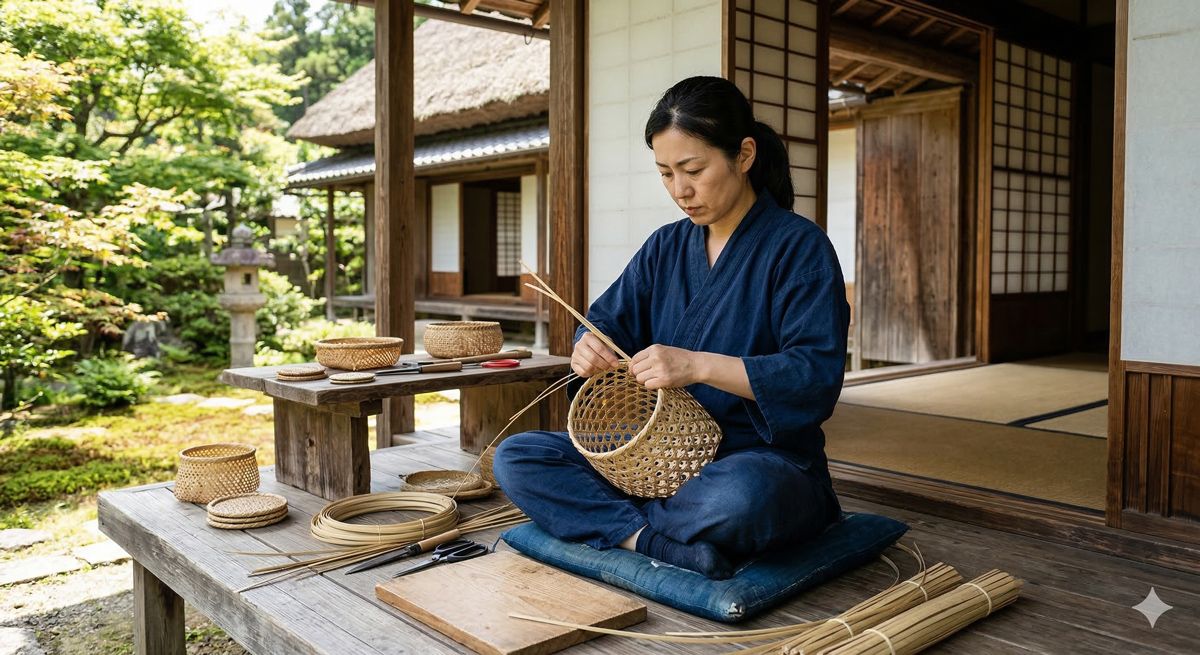 古民家の縁側で、真剣な眼差しで竹を編み込み、オリジナルの竹カゴを作っている体験風景