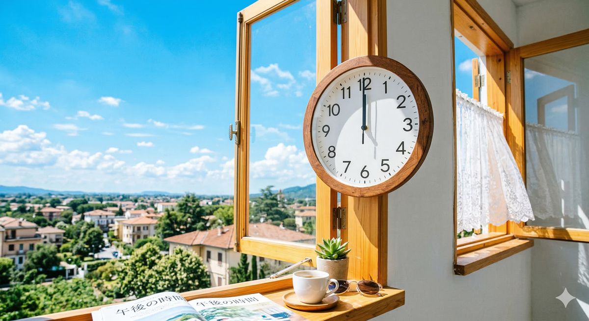 時計の針がちょうどお昼の12時を指し、背景には澄み切った青空と明るい日差しが差し込む、午後からの解放感を表現した爽やかな画像