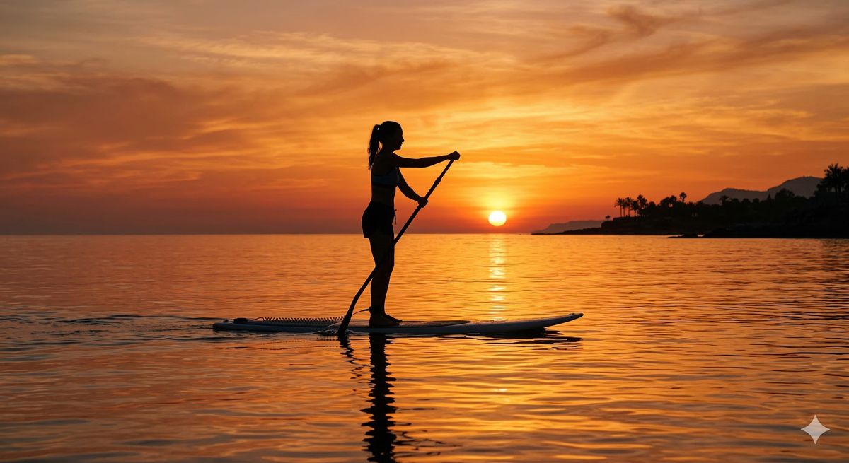 オレンジ色に染まる美しい夕日を背景に、穏やかな水面でSUP（スタンドアップパドルボード）を楽しんでいるシルエットの画像
