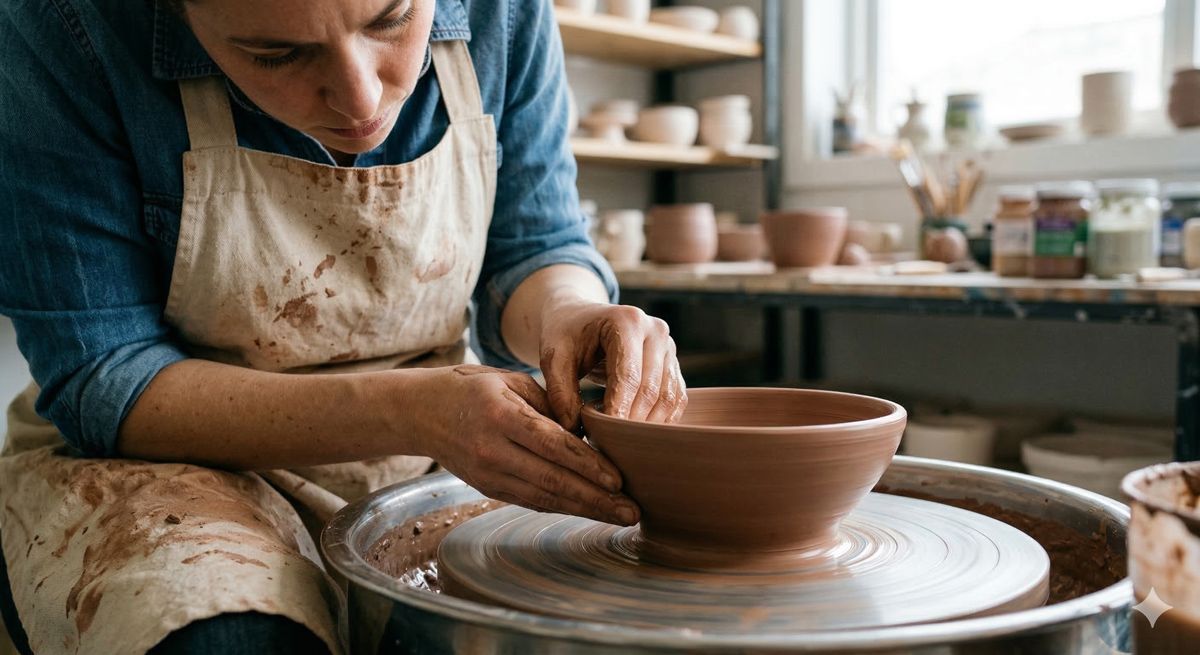 エプロン姿の人が電動ろくろに向かい、真剣な表情で柔らかい粘土を両手で包み込み、美しい器の形を作っている手元のアップ画像