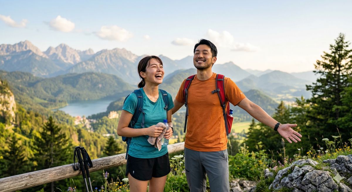 アクティビティを終えた後、自然の中で深呼吸をしながら、スッキリとした最高の笑顔を見せている男女の爽やかな画像