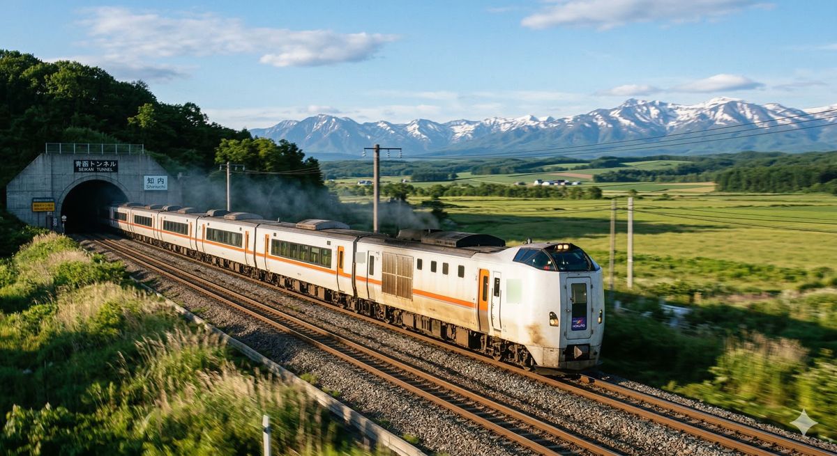 青函トンネルを抜け北海道の広大な大地を走り抜ける列車の躍動感あふれる風景