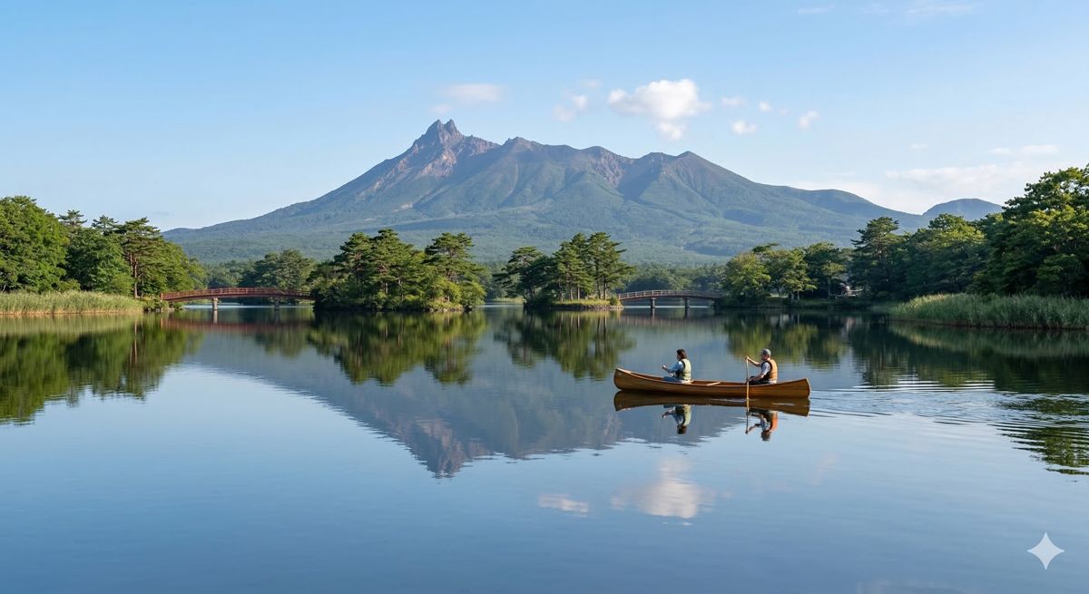 雄大な駒ヶ岳を背景に、波のない静かな大沼の湖面をゆったりと進むカヌーの風景