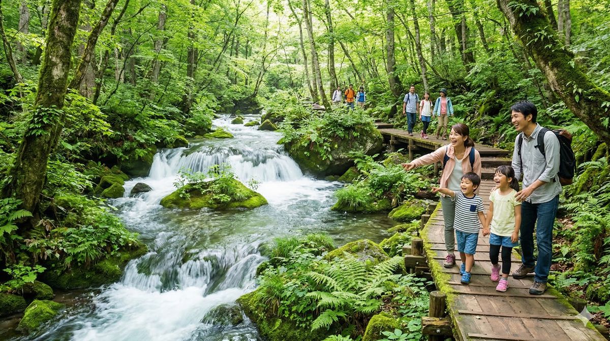 緑豊かな奥入瀬渓流の美しい水の流れと、木漏れ日の中を笑顔で歩く人々の様子