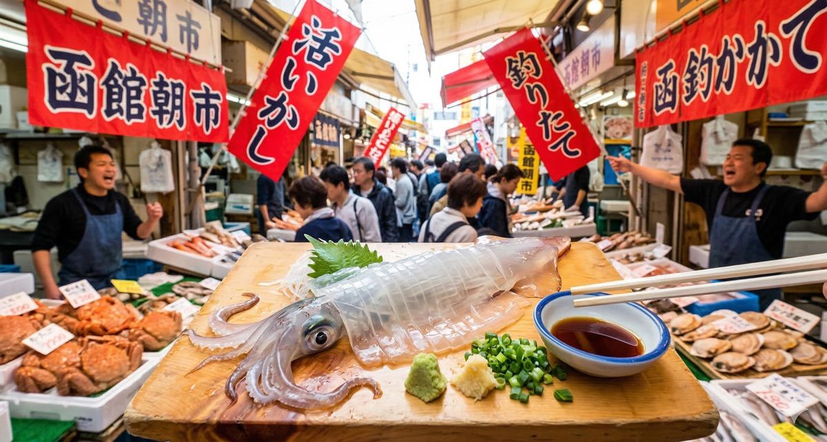 函館朝市の活気ある様子と、釣りたての透明でツヤツヤなイカ刺しのアップ