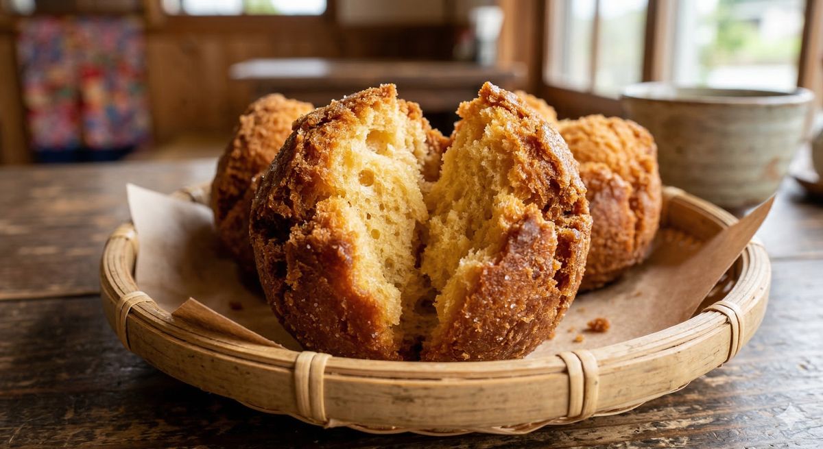 こんがりキツネ色に揚がり、パカッと割れ目ができた美味しそうなサーターアンダギーのアップ画像