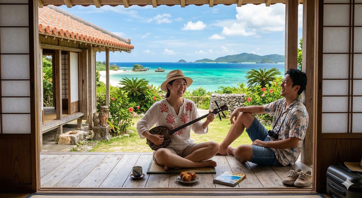 沖縄の海を背景に、三線を弾きながら縁側でくつろぐ笑顔の旅行者の様子