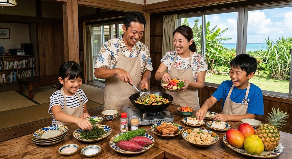 色鮮やかな沖縄の食材が並ぶテーブルで、楽しそうに郷土料理を作っている家族の風景