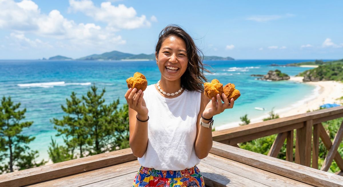 揚げたてのサーターアンダギーを両手に持ち、とびきりの笑顔で海をバックに写真を撮る女性