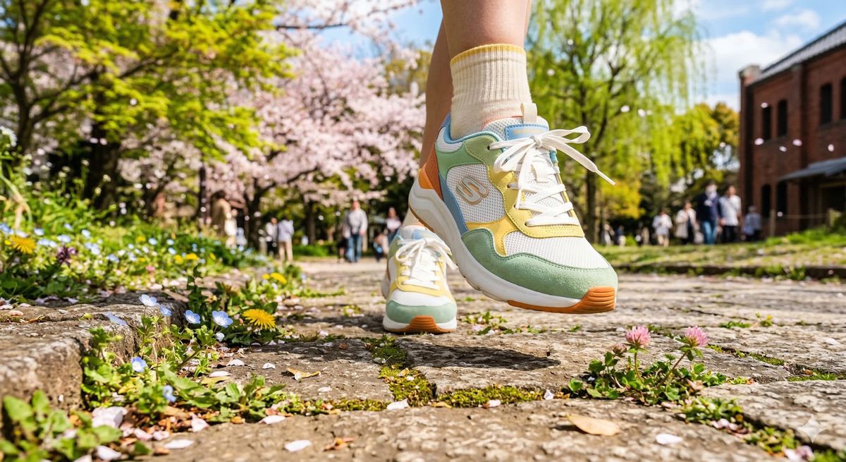 爽やかな春の陽気の中、お気に入りのスニーカーを履いて軽快に歩き出す足元のアップ画像