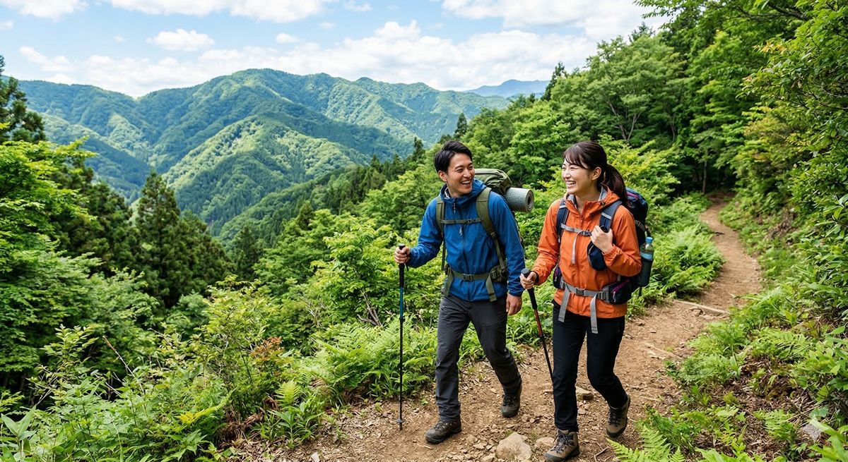 緑豊かな山のトレッキングコースを、リュックを背負って笑顔で歩く男女の風景画像