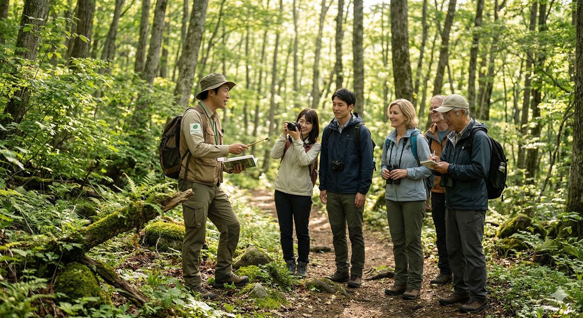専門ガイドと一緒に、木漏れ日が差し込む美しい森の中を散策しているエコツアーの様子