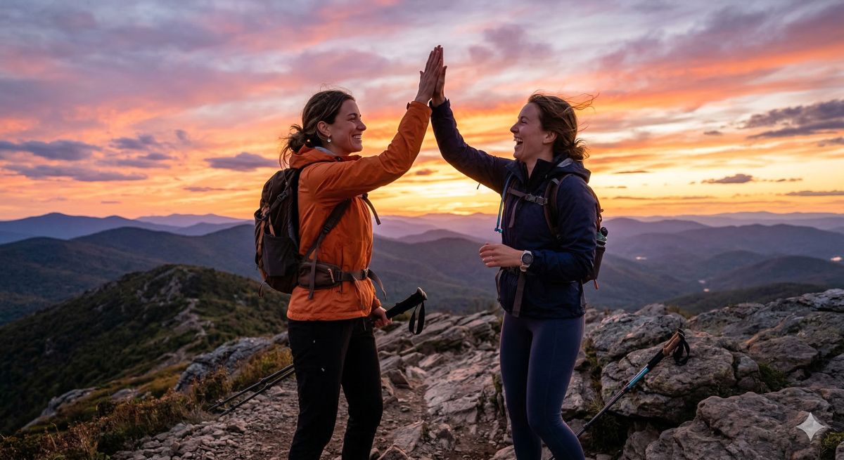 たくさん歩いた後、美しい夕日を背景に達成感に満ちた笑顔でハイタッチをする友人同士の画像