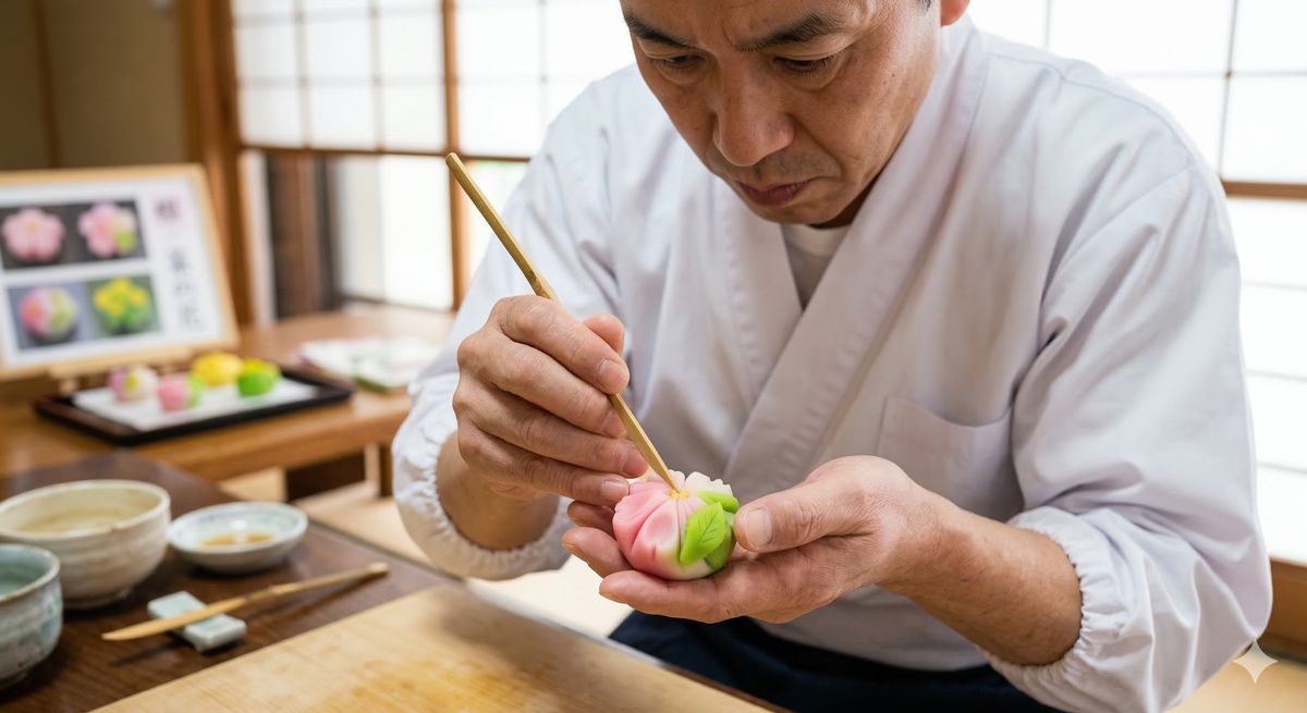 色鮮やかなピンクや緑の春らしい練り切りを、真剣な表情で竹串を使って形作っている手元のアップ